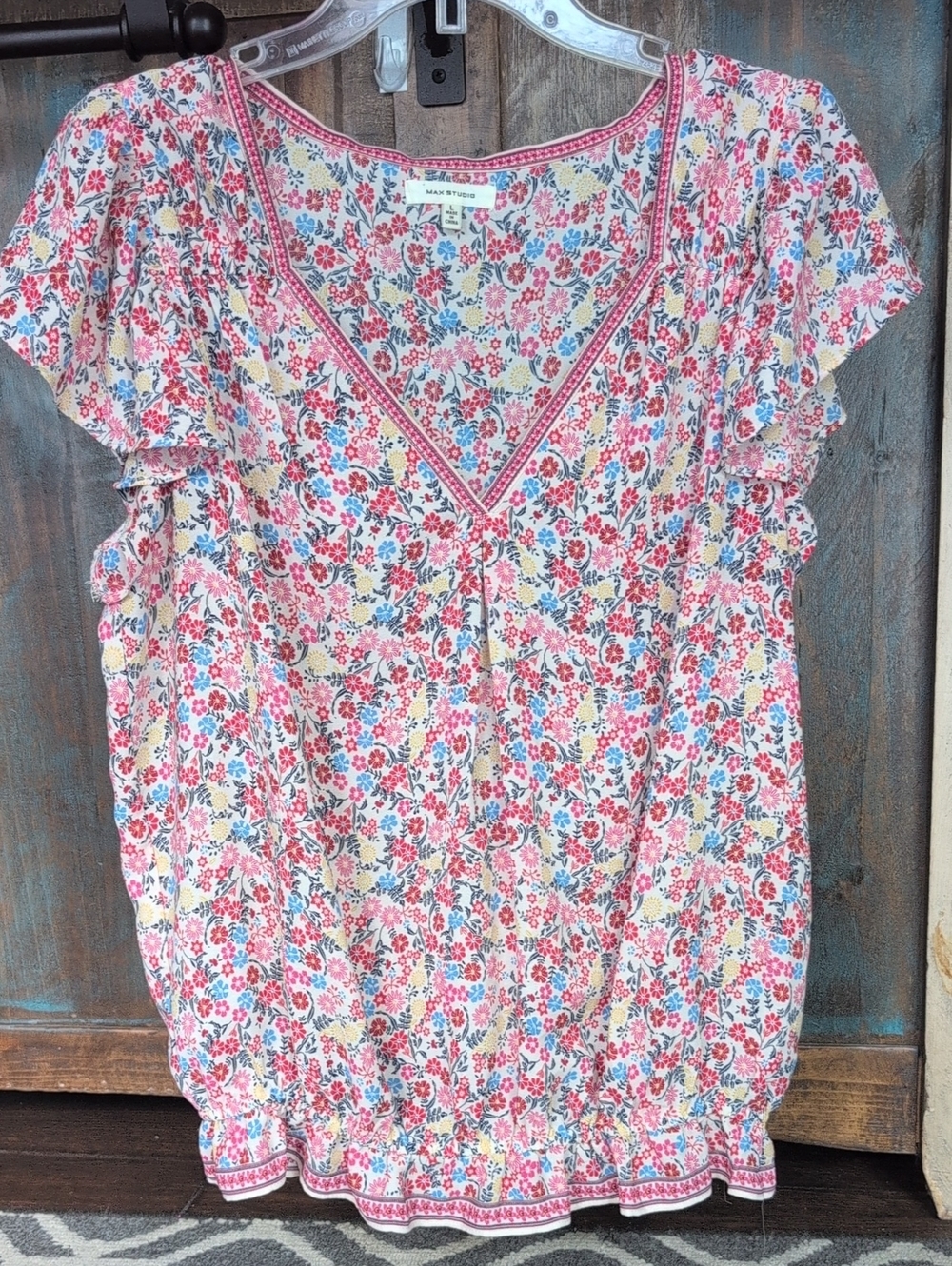 Max Studio Floral Print V-Neck Blouse Cap Sleeves Smock Bottom - Women's Large